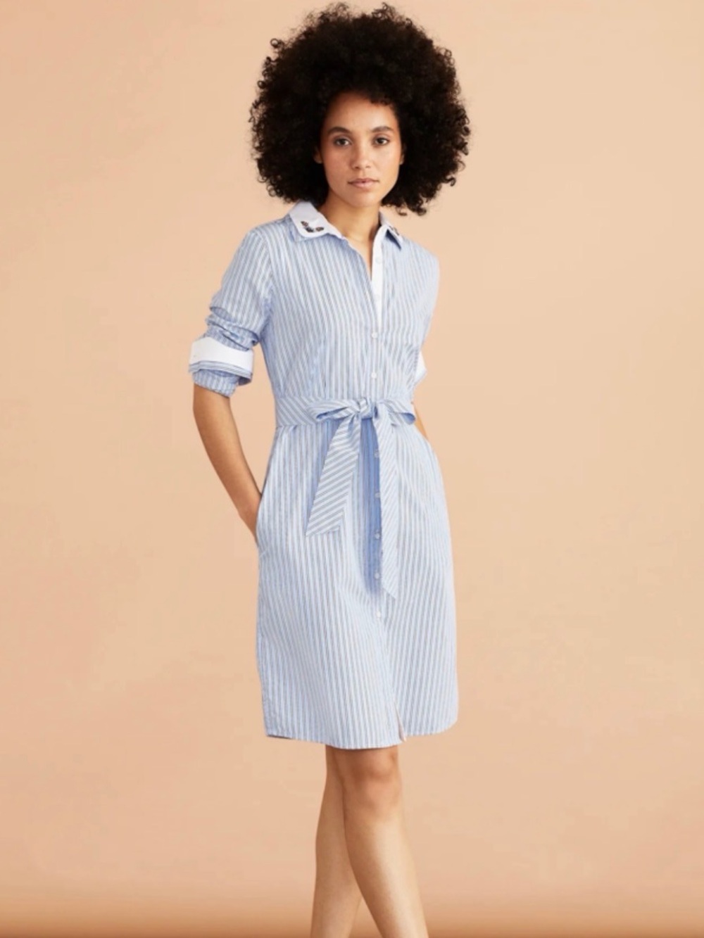 Brooks Brothers Light Blue and White Striped Shirt Dress with Tie Waist